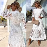 Lace Stand Collar Puff Sleeve Dress with Waist-Cinching