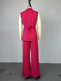 Collared Button-Up Sleeveless Waist-Tie Top and Wide-Leg Pants Set