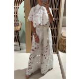 Hollow Out Cardigan and Wide-Leg Pants Set