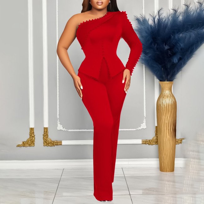 Asymmetrical Beaded Shoulder Two-Piece OL Set