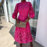 Lace Stand Collar Puff Sleeve Dress with Waist-Cinching