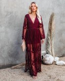Lace Long Sleeve V-Neck Solid Color Chiffon Summer Dress