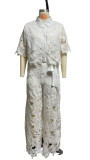 Hollow Out Cardigan and Wide-Leg Pants Set