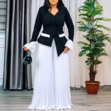 Flared Sleeve Top & Pleated Wide-Leg Pants Set
