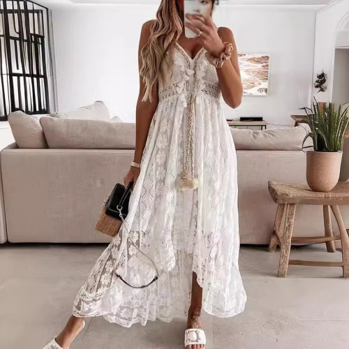 Lace Spaghetti Strap Flared Solid Color Maxi Dress