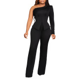Asymmetrical Beaded Shoulder Two-Piece OL Set