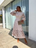 Lace Stand Collar Puff Sleeve Dress with Waist-Cinching