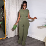 Collared Button-Up Sleeveless Waist-Tie Top and Wide-Leg Pants Set