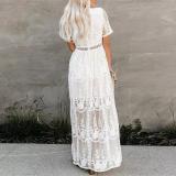 Lace Long Sleeve V-Neck Solid Chiffon Summer Dress for Women