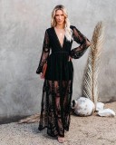 Lace Long Sleeve V-Neck Solid Color Chiffon Summer Dress