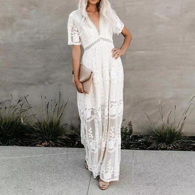 Lace Long Sleeve V-Neck Solid Chiffon Summer Dress for Women