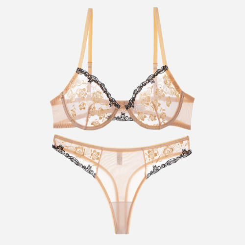 Gathered Soft Steel Ring Lace Bra Set for Women's Underwear