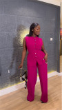 Collared Button-Up Sleeveless Waist-Tie Top and Wide-Leg Pants Set