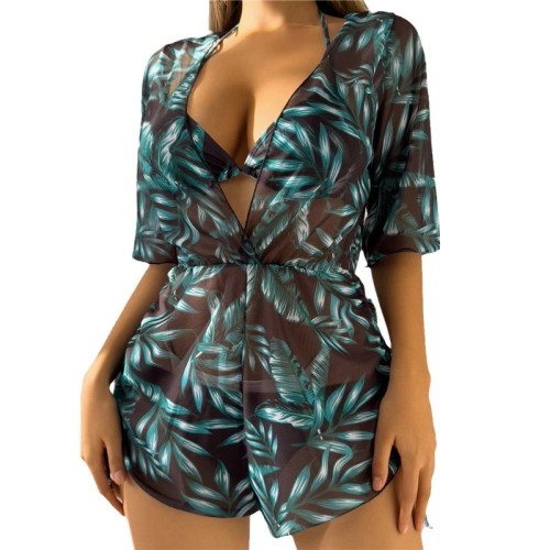3-Piece Bikini Set with Sun Protection Floral Cover-Up