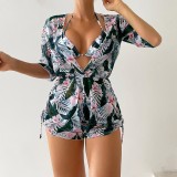 3-Piece Bikini Set with Sun Protection Floral Cover-Up