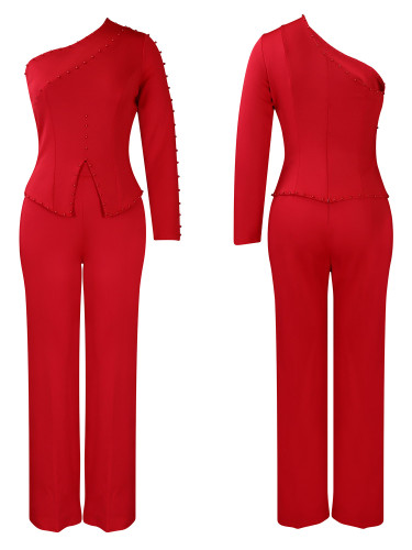 Asymmetrical Beaded Shoulder Two-Piece OL Set