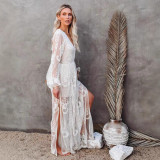 Lace Long Sleeve V-Neck Solid Color Chiffon Summer Dress