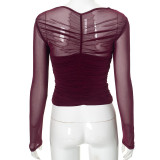 Sheer Mesh Ruched Long Sleeve Top