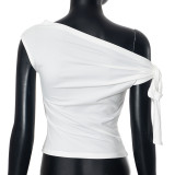 Asymmetrical Pleated Single Shoulder Knotted Tie-Back T-Shirt