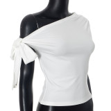 Asymmetrical Pleated Single Shoulder Knotted Tie-Back T-Shirt