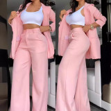 Solid Color Split Sleeve Lapel Blazer and Straight Pants Set