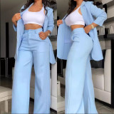 Solid Color Split Sleeve Lapel Blazer and Straight Pants Set