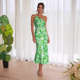 Asymmetrical Neckline Floral Print Mermaid Hem Dress