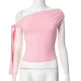 Asymmetrical Pleated Single Shoulder Knotted Tie-Back T-Shirt