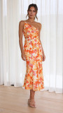 Asymmetrical Neckline Floral Print Mermaid Hem Dress