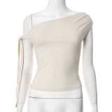 Asymmetrical Pleated Single Shoulder Knotted Tie-Back T-Shirt