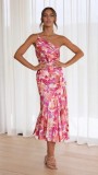 Asymmetrical Neckline Floral Print Mermaid Hem Dress