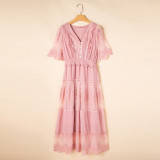 Lace-Trimmed V-Neck High-Waisted A-Line Dress for Women