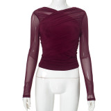 Sheer Mesh Ruched Long Sleeve Top