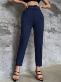Micro-Stretch Slim Fit Trousers with Belt Decoration