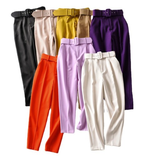 Micro-Stretch Slim Fit Trousers with Belt Decoration