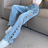 Hollow Out Wide-Leg Denim Pants