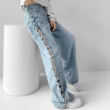 Hollow Out Wide-Leg Denim Pants