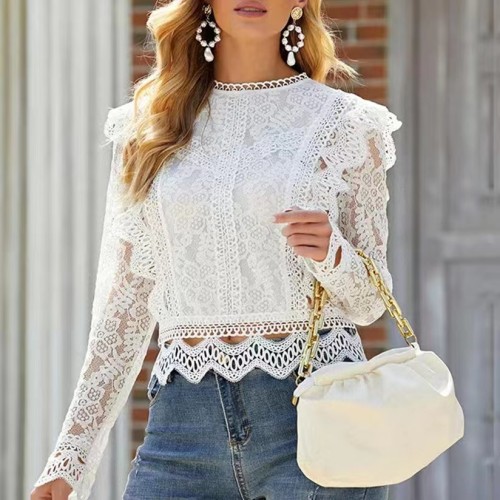 Lace Trim Long Sleeve Sheer Top