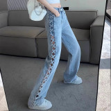Hollow Out Wide-Leg Denim Pants