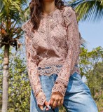 Lace Trim Long Sleeve Sheer Top
