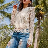 Lace Trim Long Sleeve Sheer Top