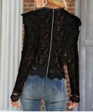 Lace Trim Long Sleeve Sheer Top