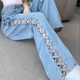 Hollow Out Wide-Leg Denim Pants