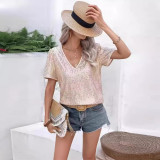 Sequin V-Neck Loose Fit Short Sleeve T-Shirt for Women