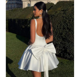 White Backless Bow Tie Sleeveless Mini Dress