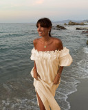 Solid Color Cotton-Linen Off-Shoulder Split Vacation Dress