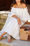 Solid Color Cotton-Linen Off-Shoulder Split Vacation Dress