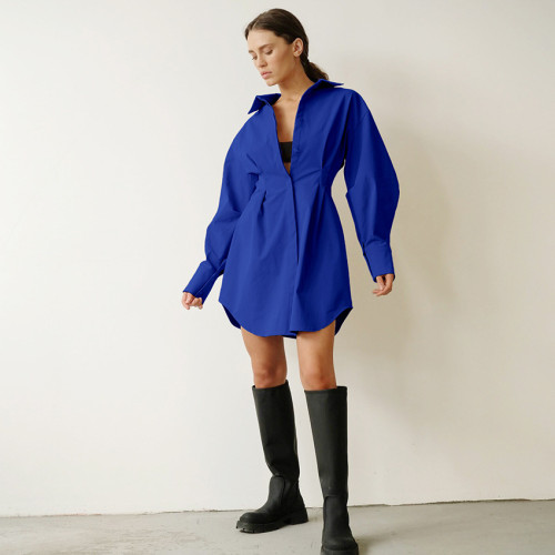 French-English Style Multi-Color Waist-Defined A-Line Shirt Dress