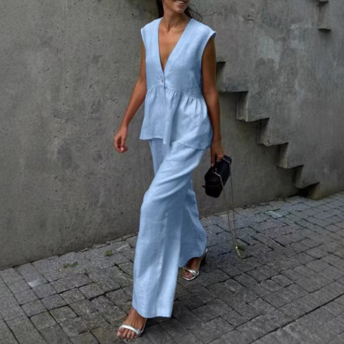 V-neck Button Up Sleeveless Top Vest Pants Suit