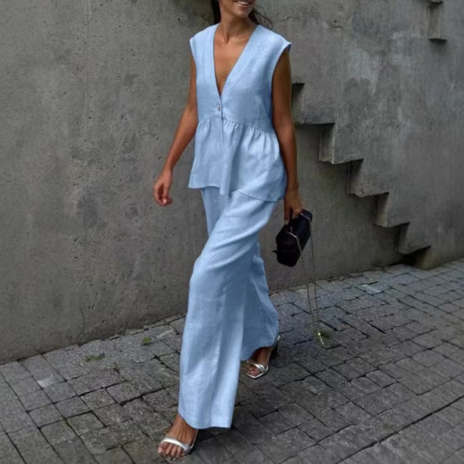 V-neck Button Up Sleeveless Top Vest Pants Suit